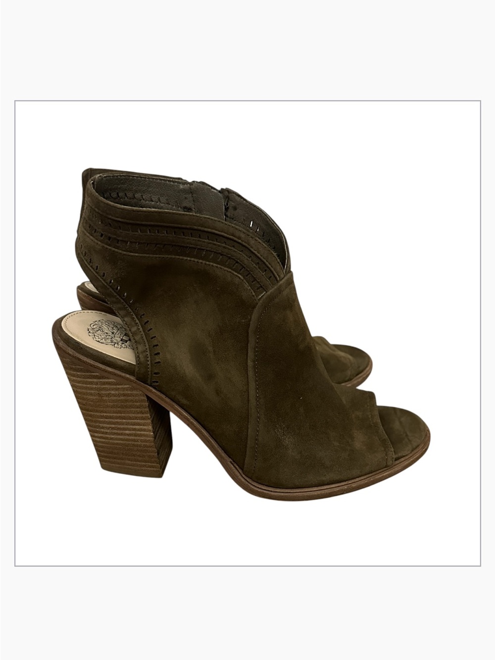 Vince Camuto Koral Suede Open Toe Booties Olive Brown Size 9.5